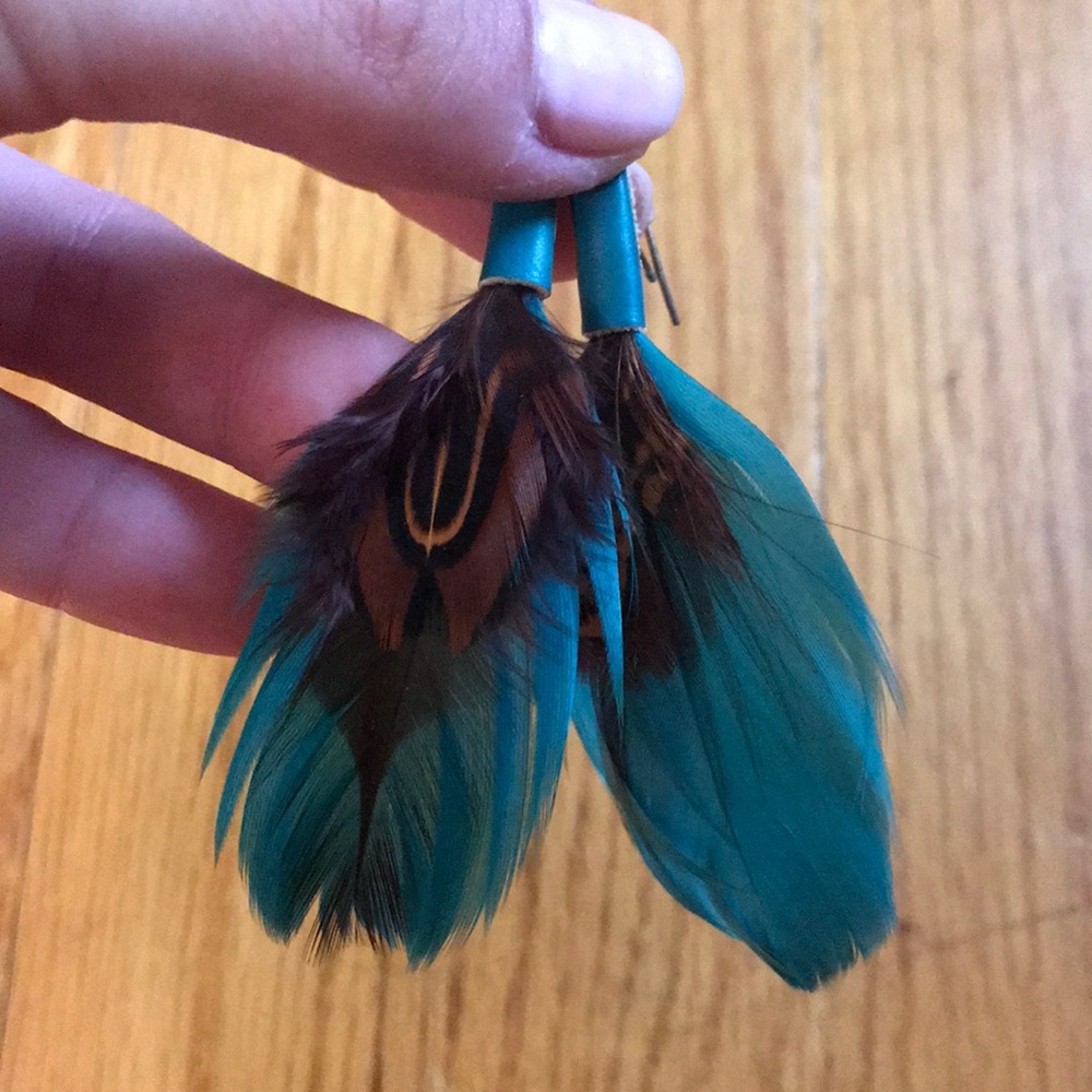 Teal feather earrings